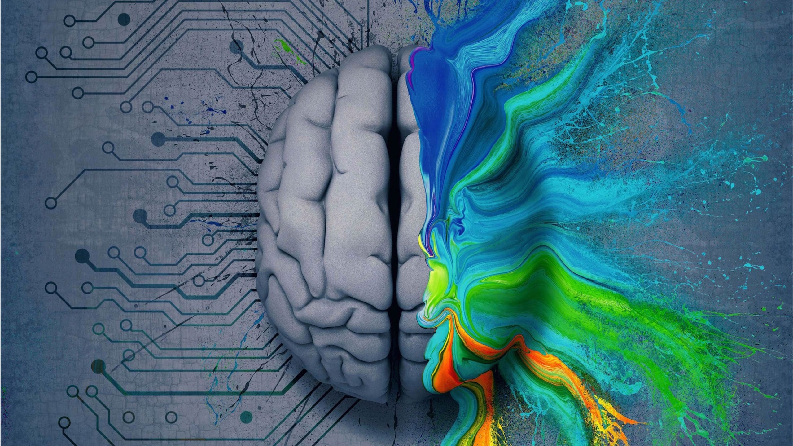 Illustration of a brain divided in half — the left side mechanical with circuitry, and the right side bursting with colourful paint splashes symbolising creativity.