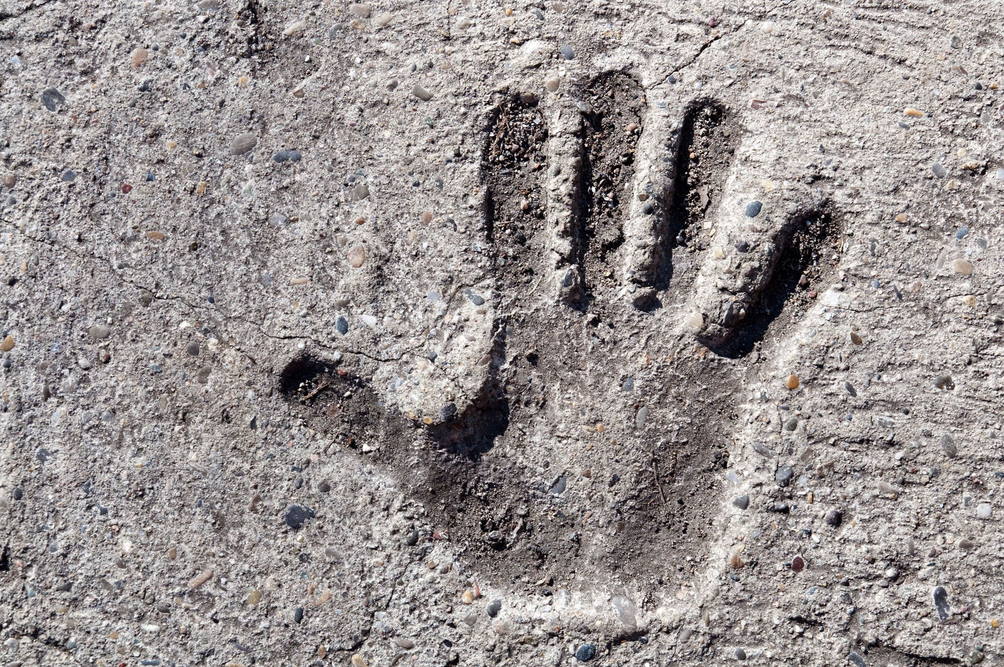Handprint pressed into rough concrete, leaving a darkened impression of fingers and palm.