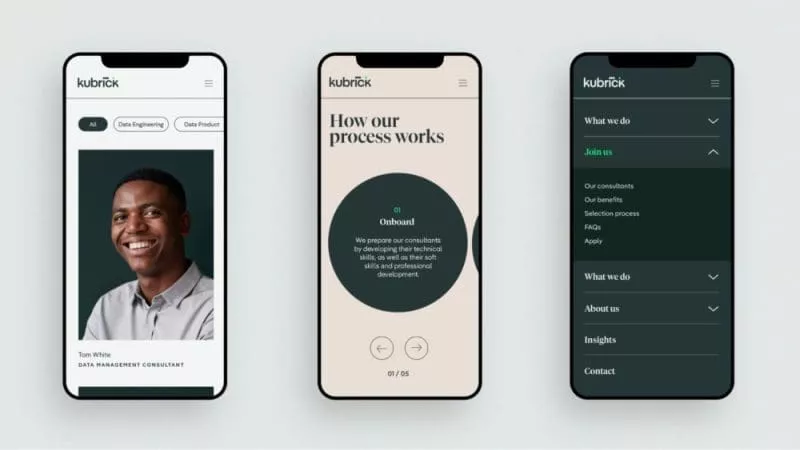 Three mobile screens displaying Kubrick’s website design, including a consultant profile page, a ‘How our process works’ onboarding section, and a navigation menu highlighting services such as data engineering and consulting.