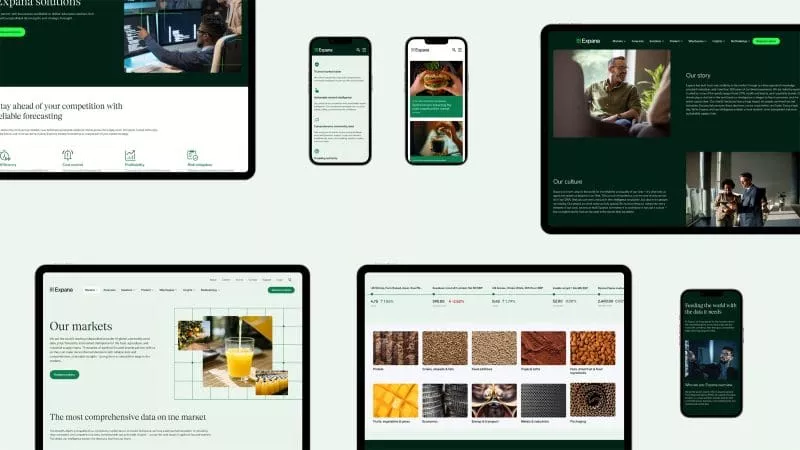 Collage of Expana’s responsive website design shown across multiple devices, including desktop, tablet, and mobile screens, featuring market intelligence, forecasting, and commodity insights pages with a clean green and white interface.