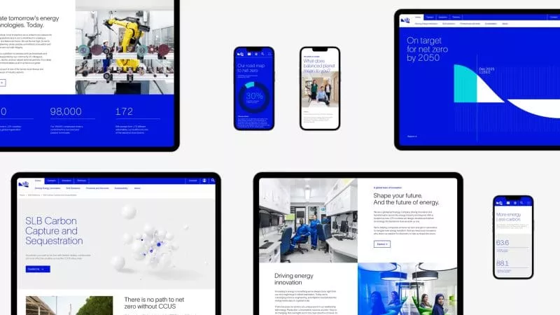 A digital mockup showing a clean, modern website design for SLB displayed across tablets and smartphones, featuring blue and white layouts with data visualisations, photos of people, and sustainability messaging.
