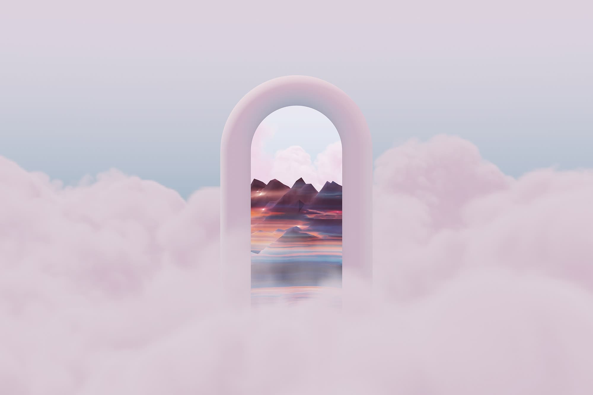 A pastel-coloured arched doorway rising above pink clouds, revealing a surreal landscape of mountains and glowing skies beyond.