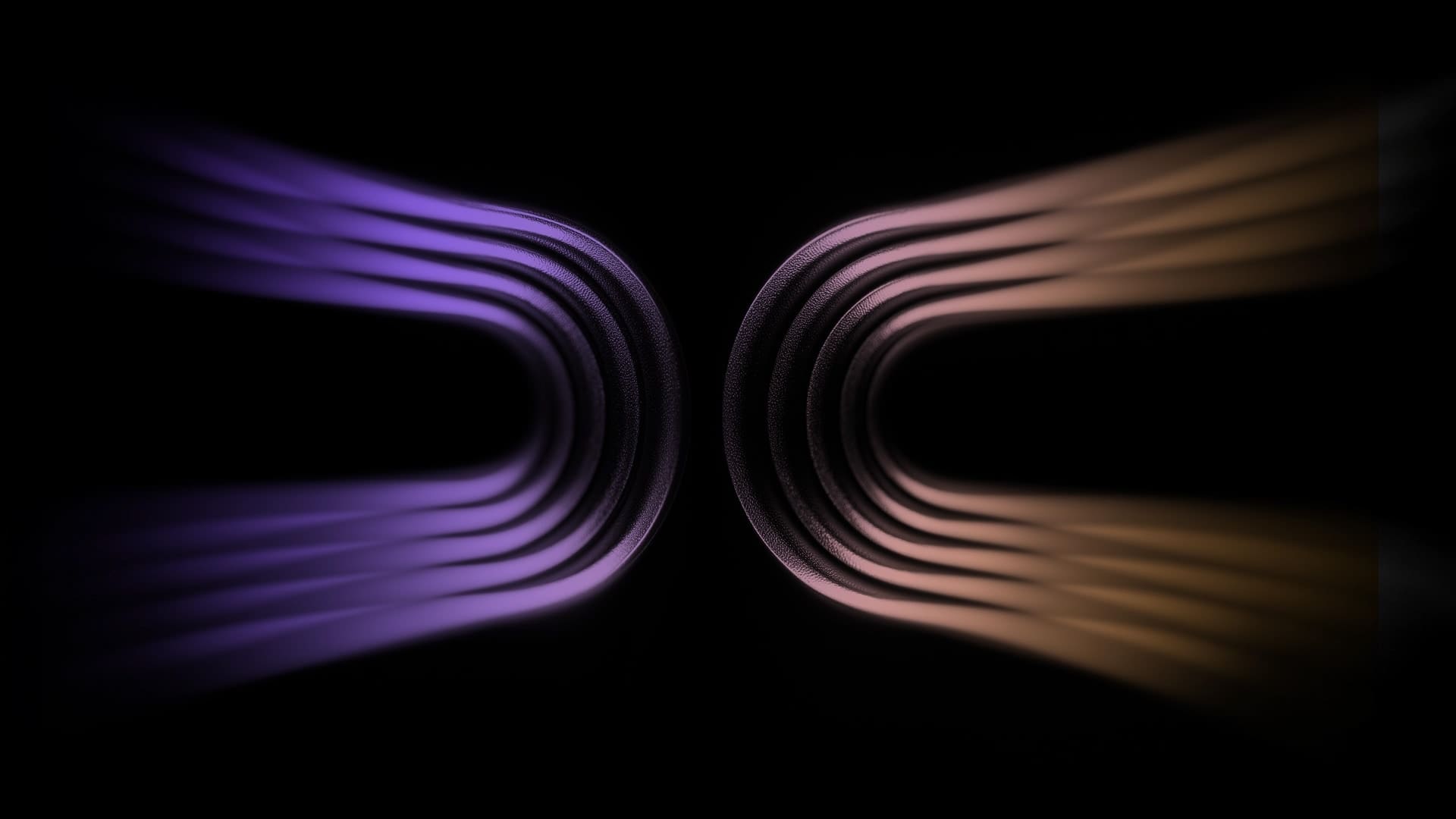 Abstract image of curved, layered lines in purple and bronze tones forming a symmetrical mirrored pattern against a black background.