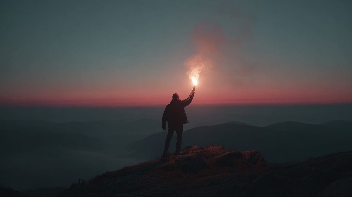 A person standing on a mountain ridge at dusk, holding a lit flare upward against a pink and blue sky.