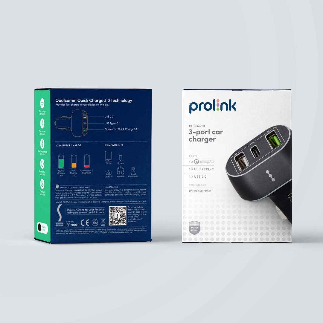 Front and back view of Prolink retail packaging for a 3-port car charger. The front shows the Prolink logo, product name, and an image of the black charger with USB-A and USB-C ports. The back highlights Qualcomm Quick Charge 3.0 technology, compatibility icons, port details, and product specifications on a blue background.