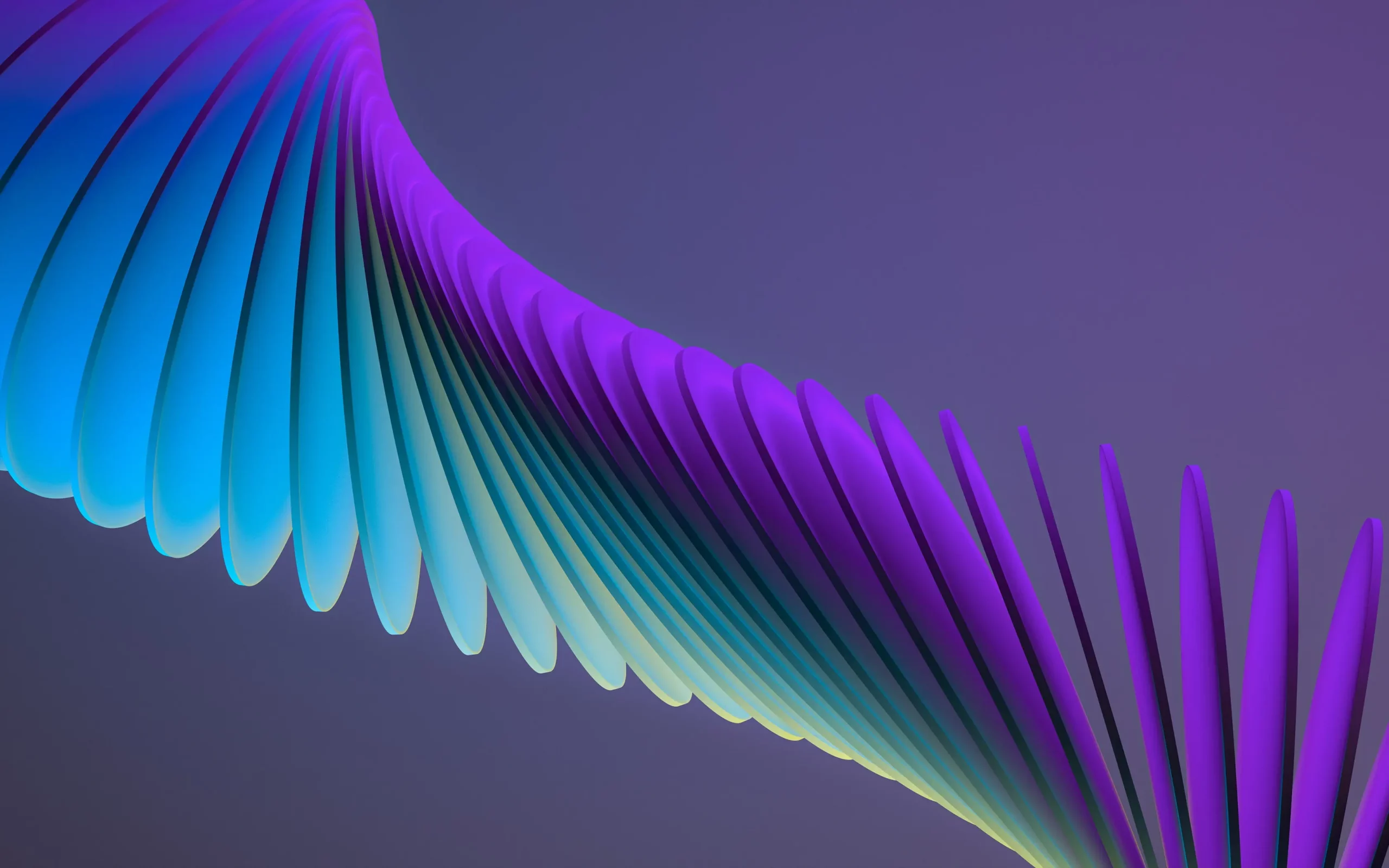 Abstract 3D wave graphic with layered purple, blue, and teal shapes on a dark background.