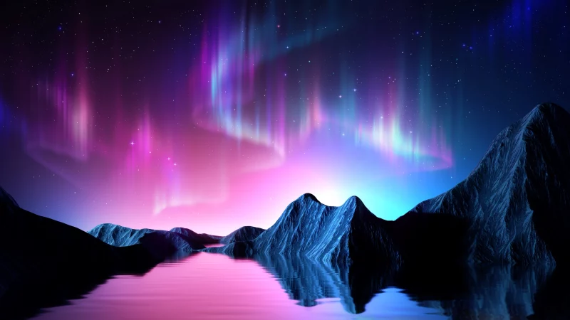 A colorful aurora borealis glows in shades of purple, pink, and blue across a night sky, reflected in a calm lake below. Dark, jagged mountains frame the scene on both sides, creating a symmetrical, mirror-like landscape.